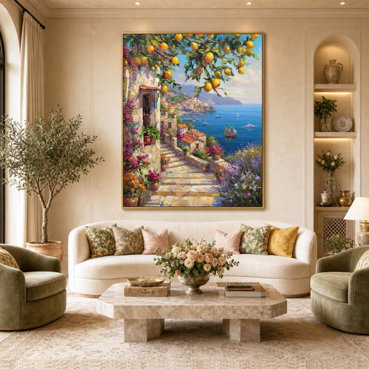 Colorful Amalfi Coast lemon tree oil painting, Positano Italy seascape wall art