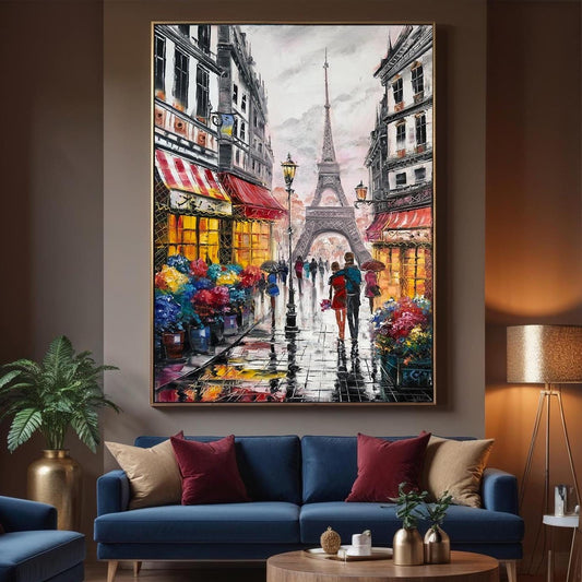 Framed rainy Paris street painting ready to hang wall art