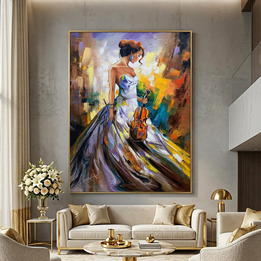 Green Violinist Woman Original Oil Painting Framed Violin Canvas Art BilykArt