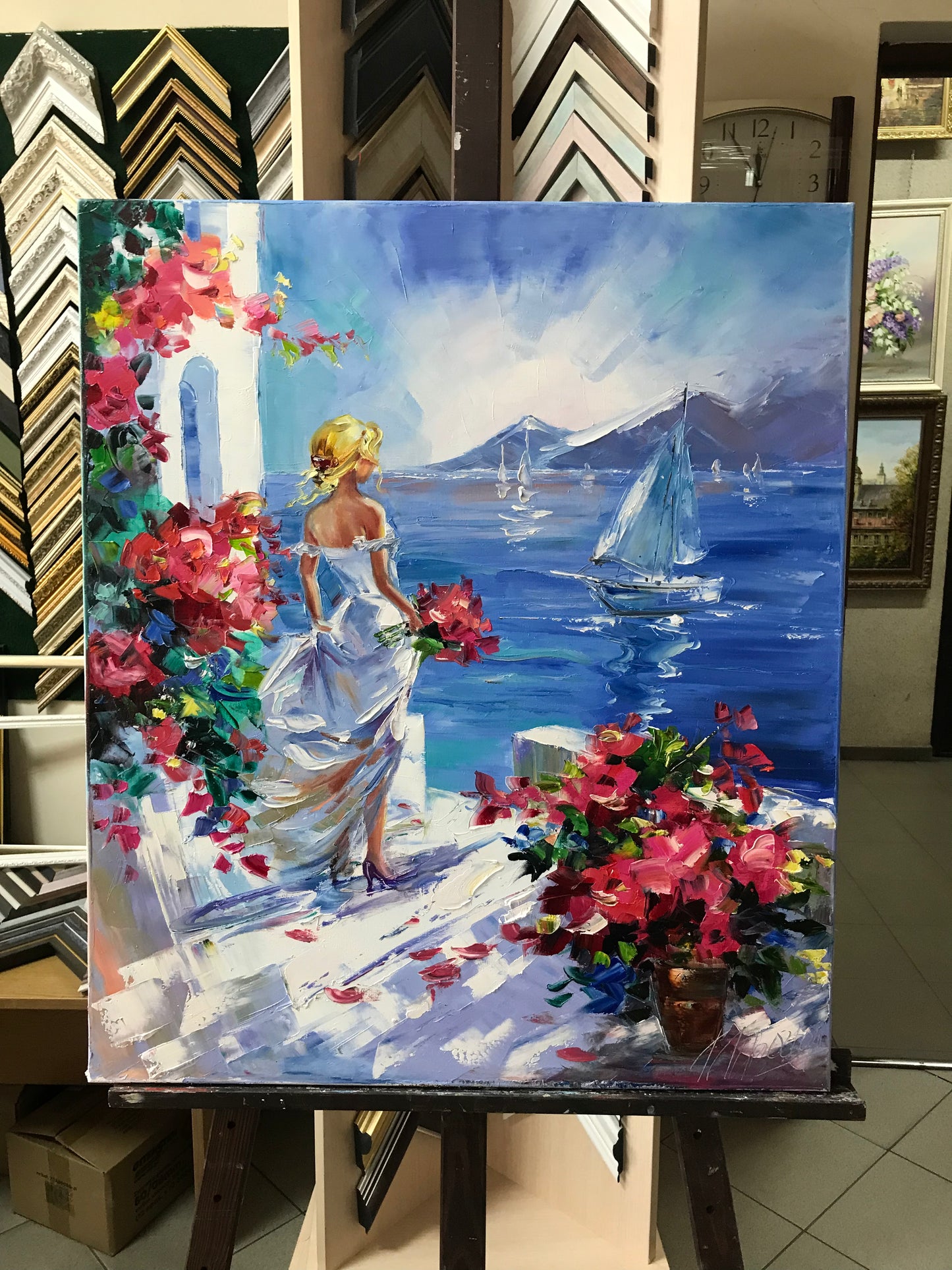 Woman at Sea Painting Original Santorini Painting on Canvas Seaside Artwork Girl Looking at the Sea Painting Greece Oil Painting Summer Gift