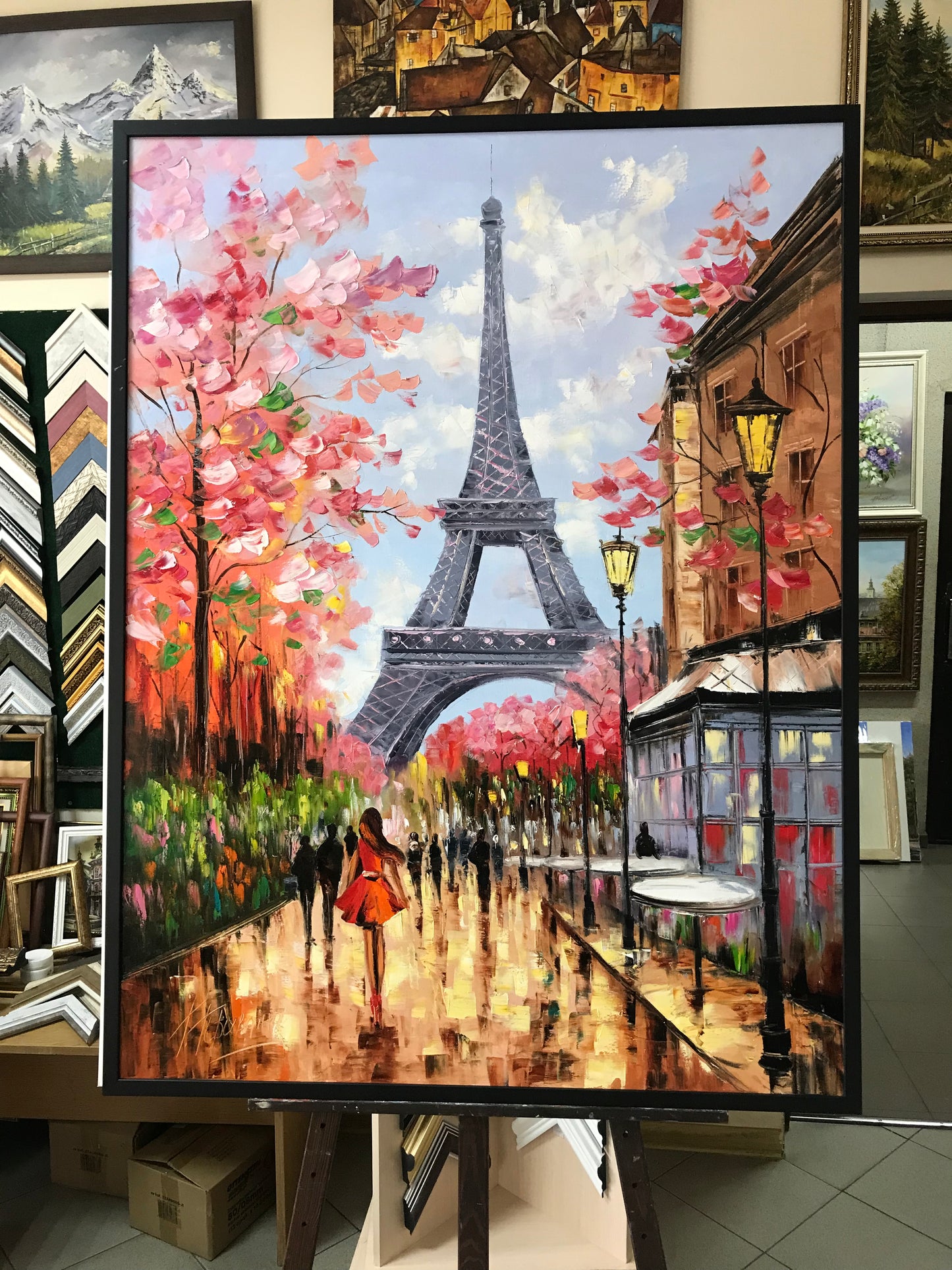 Springtime in Paris Painting Original Eiffel Tower Wall Decor Parisian Street Scene Oil Painting Paris Cafe Atwork