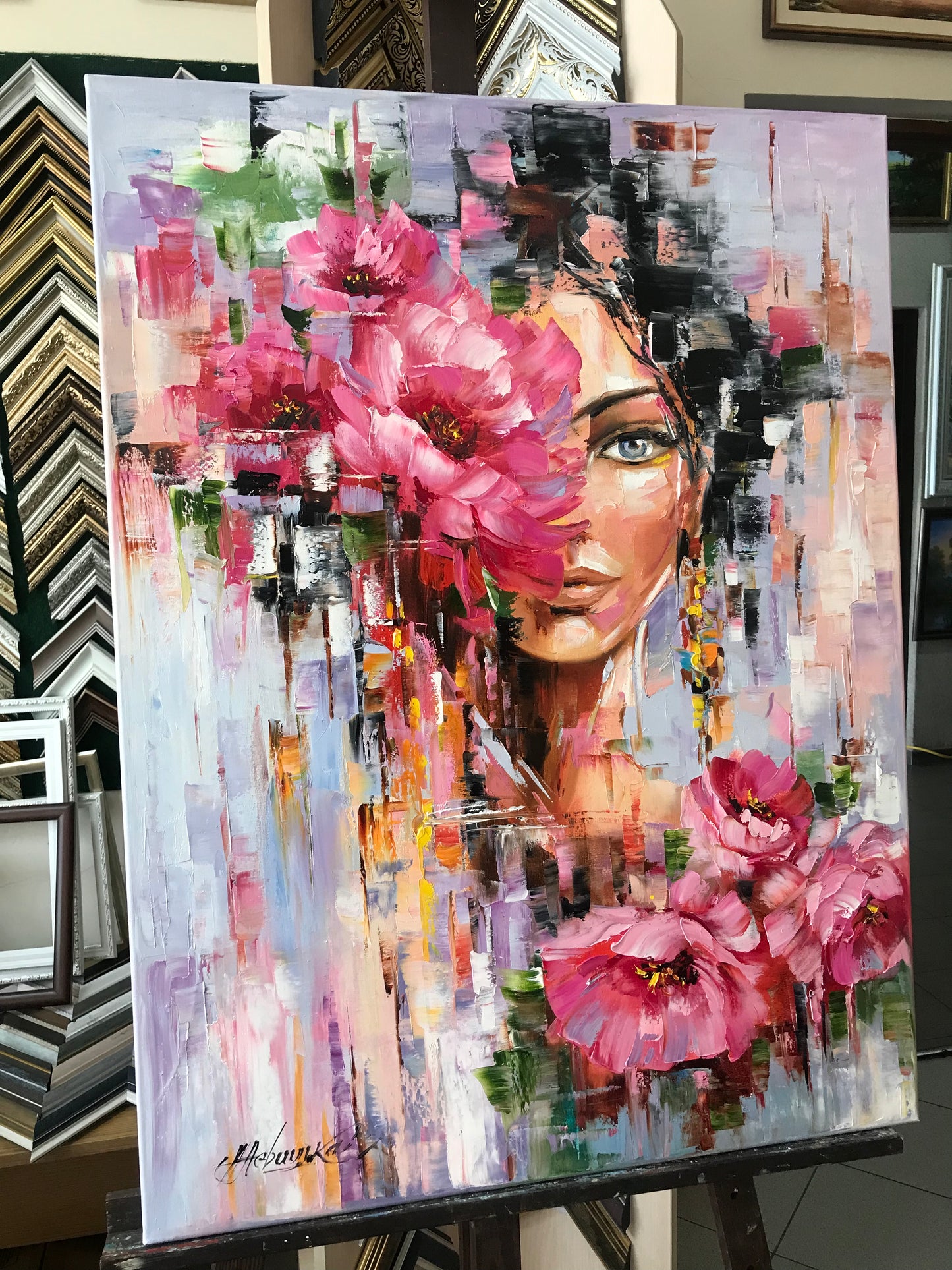 Flower Head Girl Painting Original Woman with Flower Head Wall Art Beautiful Girl with Flowers Painting Abstract Female Face Art