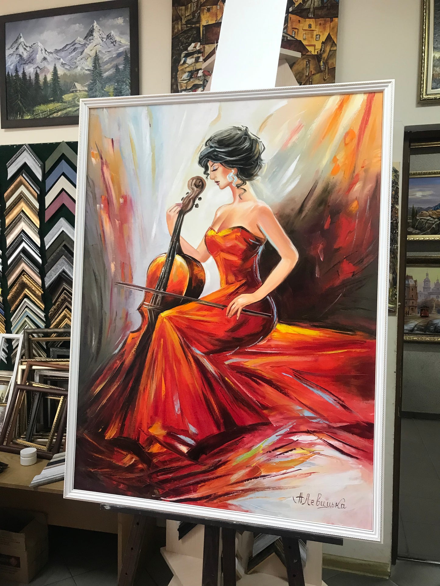 Woman Playing Cello Painting on Canvas Classical Music Player Framed Wall Art Girl with Cello Oil Painting Music Artwork