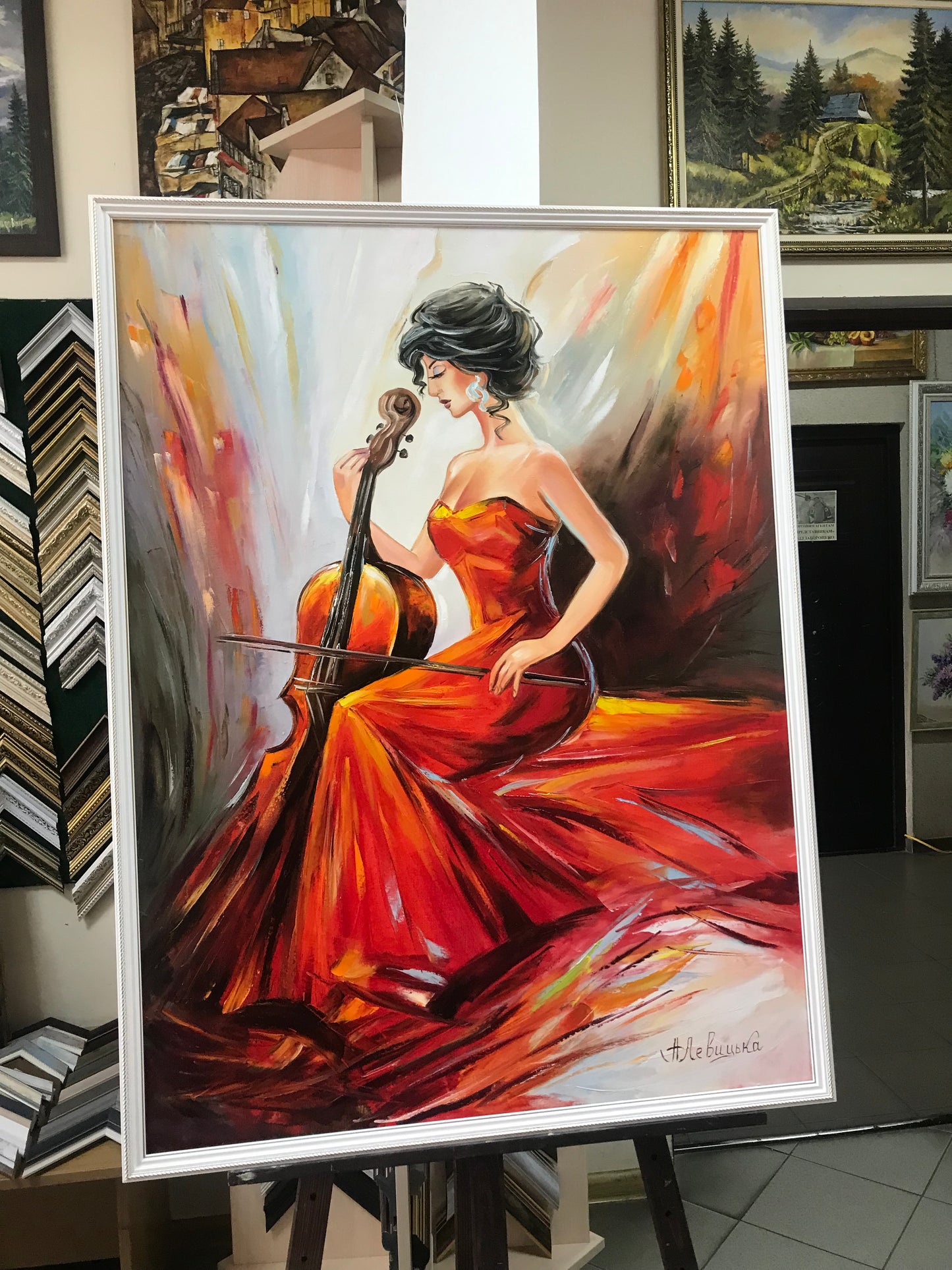Woman Playing Cello Painting on Canvas Classical Music Player Framed Wall Art Girl with Cello Oil Painting Music Artwork