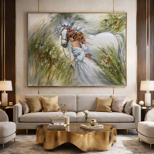 Original oil painting of woman in white dress standing face to face with white horse in a flower meadow
