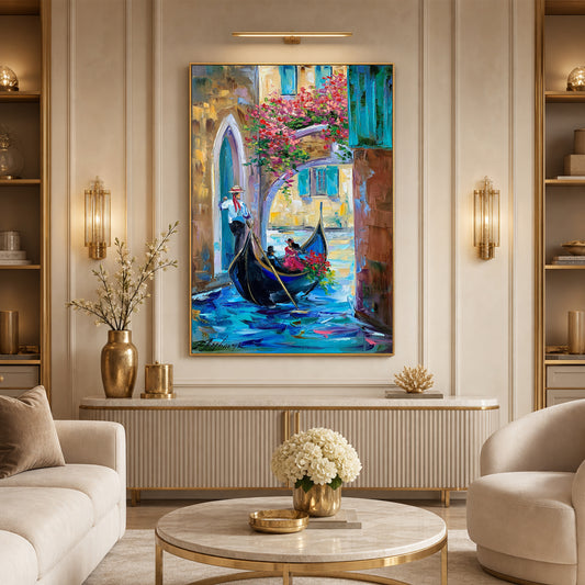 Venetian canal painting displayed in elegant living room