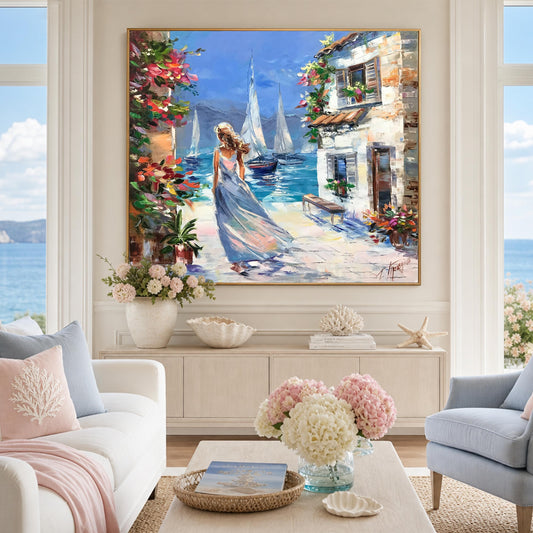 Woman in blue dress walking painting, Mediterranean village scene