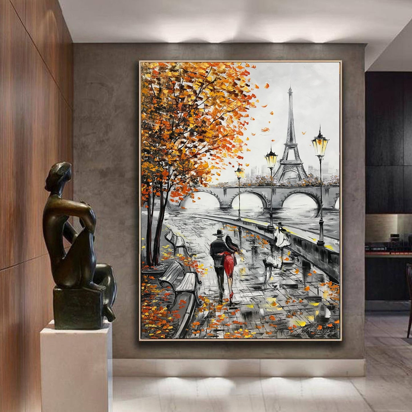 Autumn in Paris Painting on Canvas Romantic Couple Art Fall Oil Painting Eiffel Tower Wall Decor Paris Street Scene Oil Painting Romantic Painting