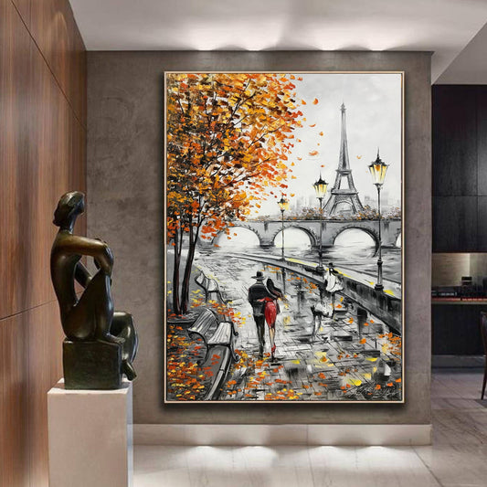 Autumn in Paris Painting on Canvas Romantic Couple Art Fall Oil Painting Eiffel Tower Wall Decor Paris Street Scene Oil Painting Romantic Painting