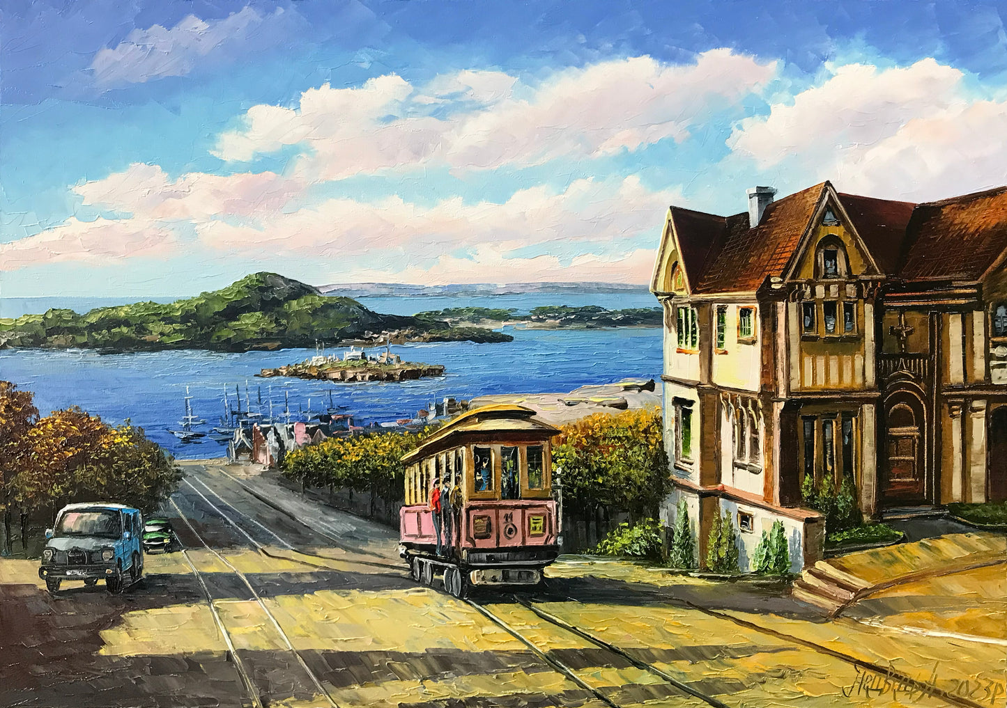 San Francisco Cable Car Painting, Alcatraz Island Canvas Art, California Landscape Oil Painting