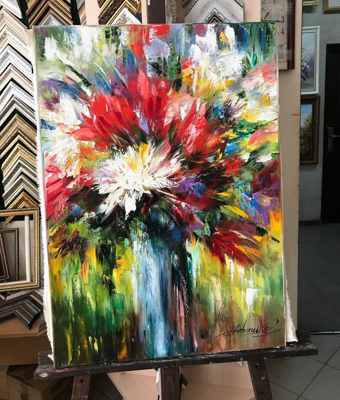 Abstract Flowers Oil Painting on Canvas Contemporary Flower Still Life Painting Original Bright Floral Artwork