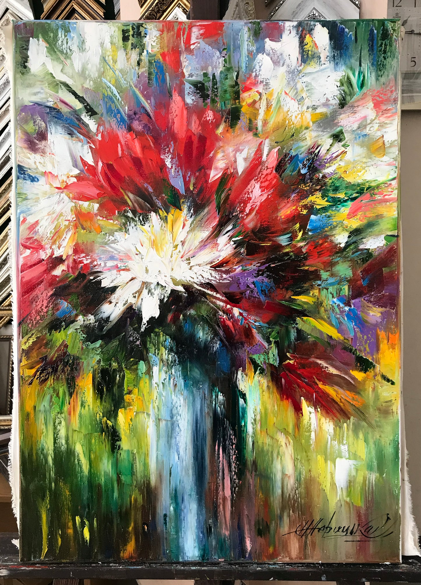 Abstract Flowers Oil Painting on Canvas Contemporary Flower Still Life Painting Original Bright Floral Artwork