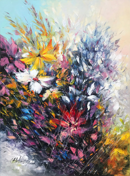 Large Colorful Flower Oil Painting Floral Wall Decor Abstract Wildflowers Painting on Canvas Extra Large Flower Wall Art