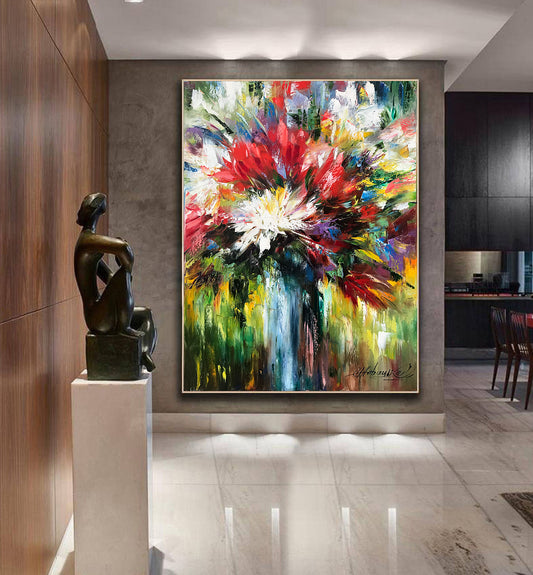 Abstract Flowers Oil Painting on Canvas Contemporary Flower Still Life Painting Original Bright Floral Artwork