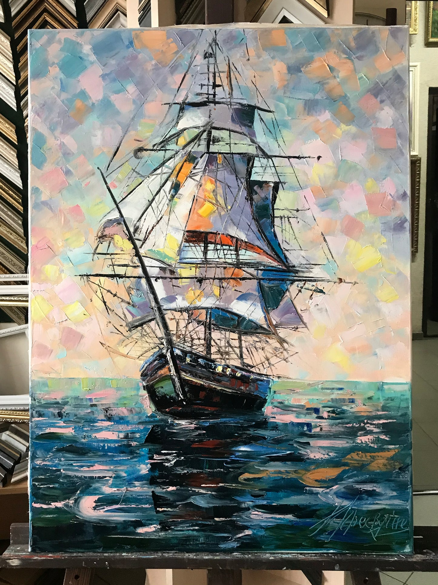 Sailing Ship at Sea Oil Painting, Large Nautical Canvas Wall Art, Abstract Sailboat Paintings, Ocean Themed Living Room Decor