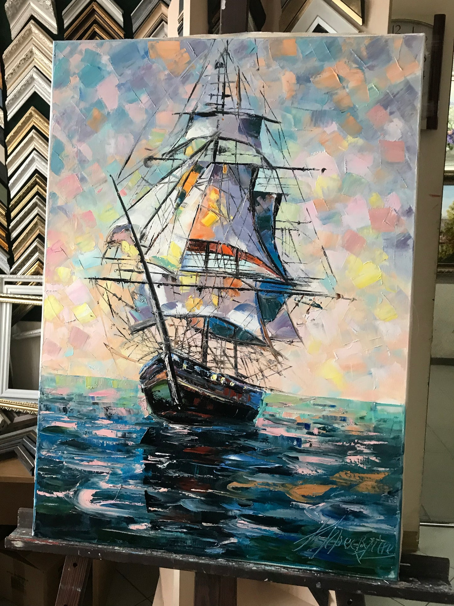 Sailing Ship at Sea Oil Painting, Large Nautical Canvas Wall Art, Abstract Sailboat Paintings, Ocean Themed Living Room Decor