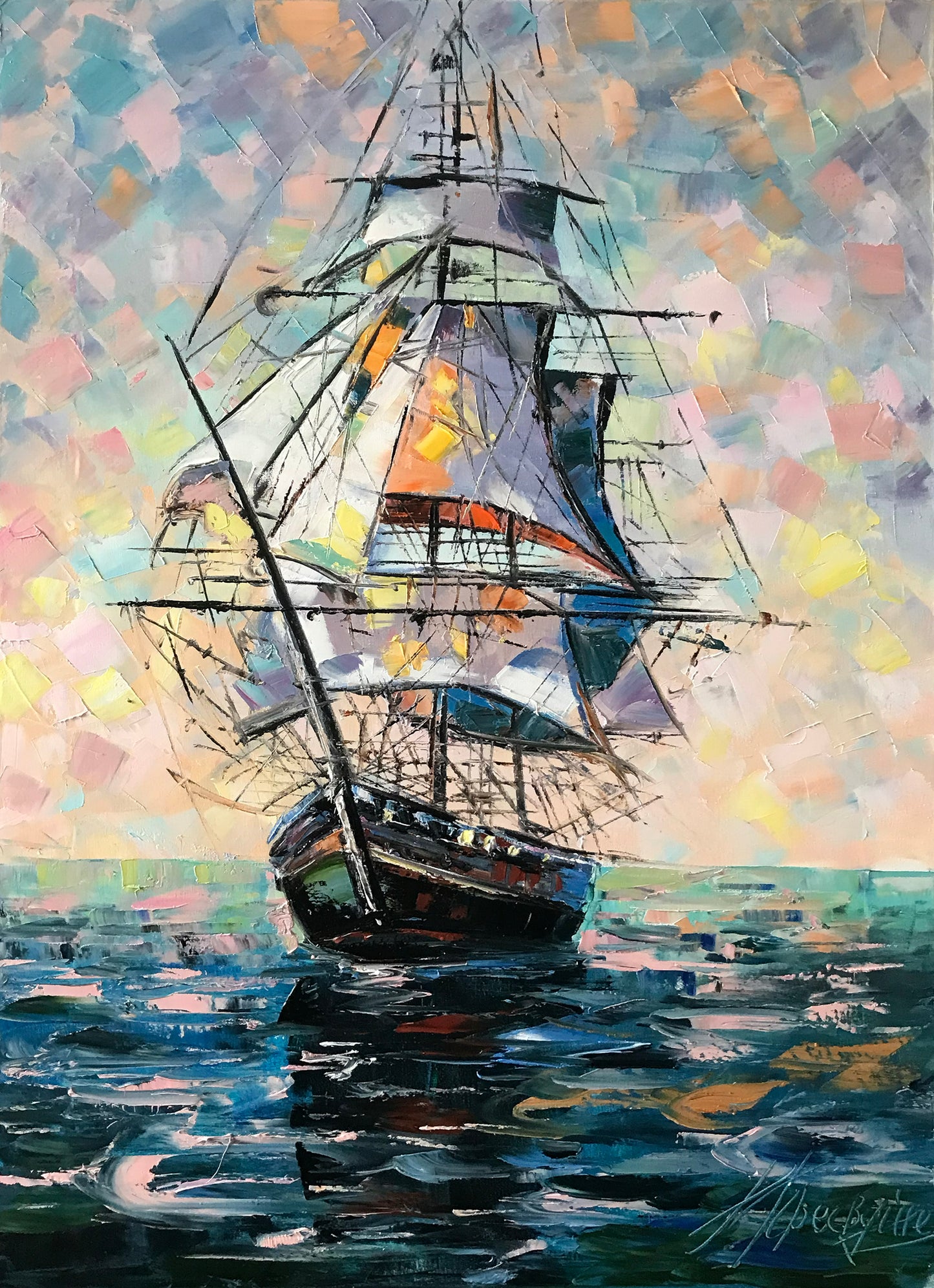 Sailing Ship at Sea Oil Painting, Large Nautical Canvas Wall Art, Abstract Sailboat Paintings, Ocean Themed Living Room Decor