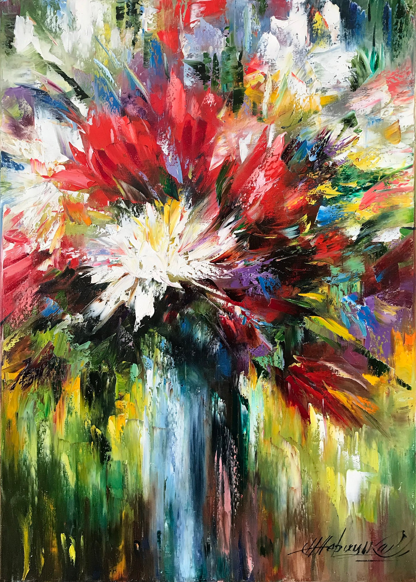 Abstract Flowers Oil Painting on Canvas Contemporary Flower Still Life Painting Original Bright Floral Artwork