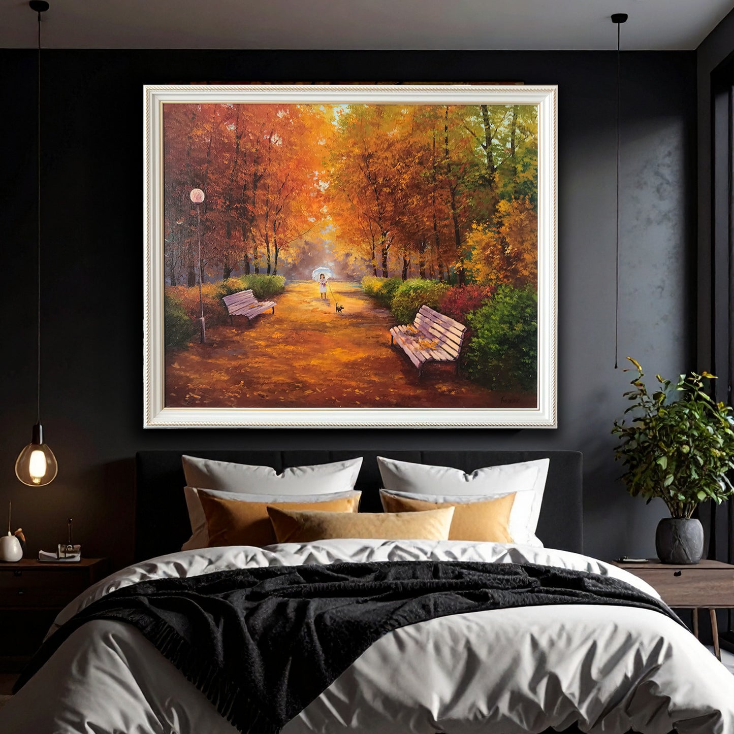 Autumn Landscape Painting Original Walk in Fall Park Oil Painting Fall Foliage Wall Art Framed Girl with Dog Painting Autumn Decor