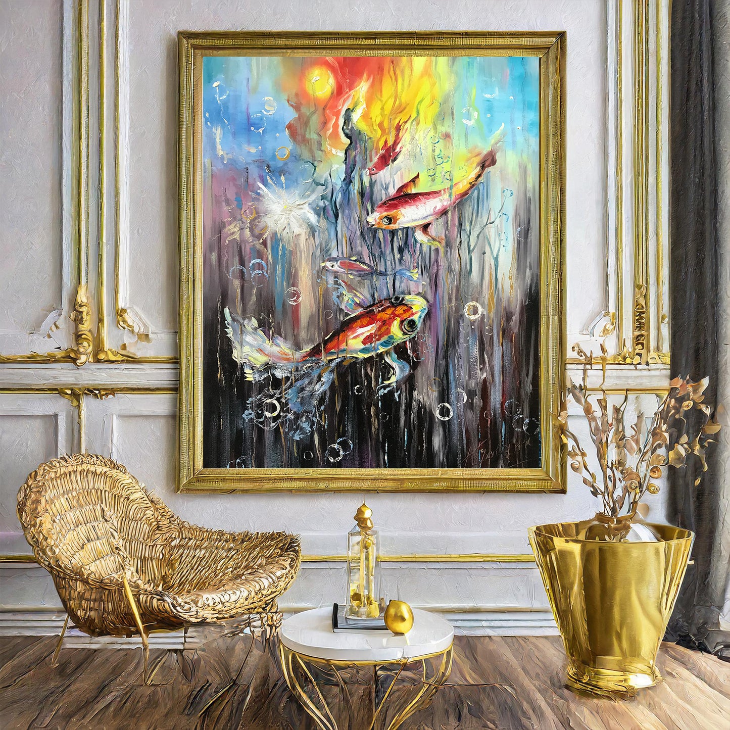 Abstract Koi Fish Painting on Canvas Tropical Fish Wall Art Large Koi Fish Oil Painting Original Colorful Fish Art