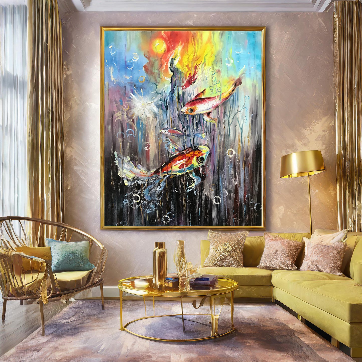 Abstract Koi Fish Painting on Canvas Tropical Fish Wall Art Large Koi Fish Oil Painting Original Colorful Fish Art