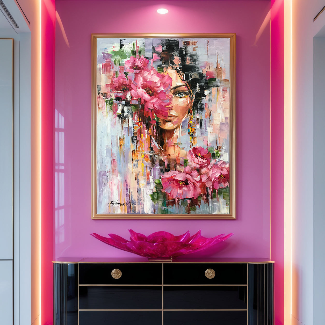 Flower Head Girl Painting Original Woman with Flower Head Wall Art Beautiful Girl with Flowers Painting Abstract Female Face Art