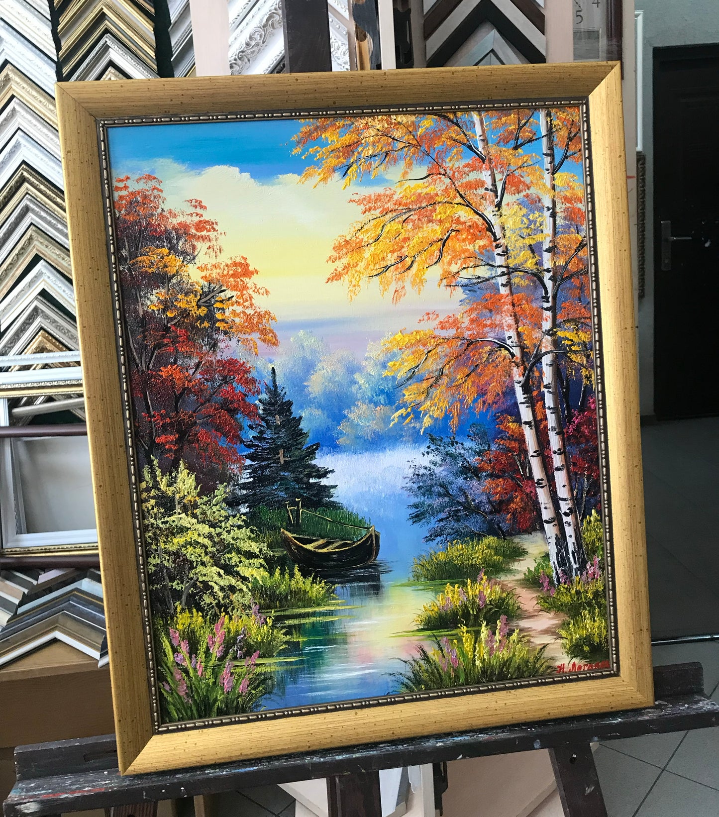 Original Landscape Oil Painting Boat Handmade Artwork Birch Trees Painting Countryside Painting Forest River Art Fall Oil Painting on Canvas