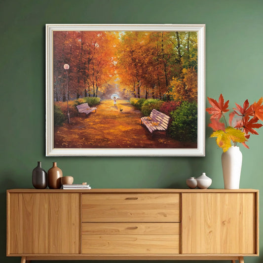 Autumn Landscape Painting Original Walk in Fall Park Oil Painting Fall Foliage Wall Art Framed Girl with Dog Painting Autumn Decor