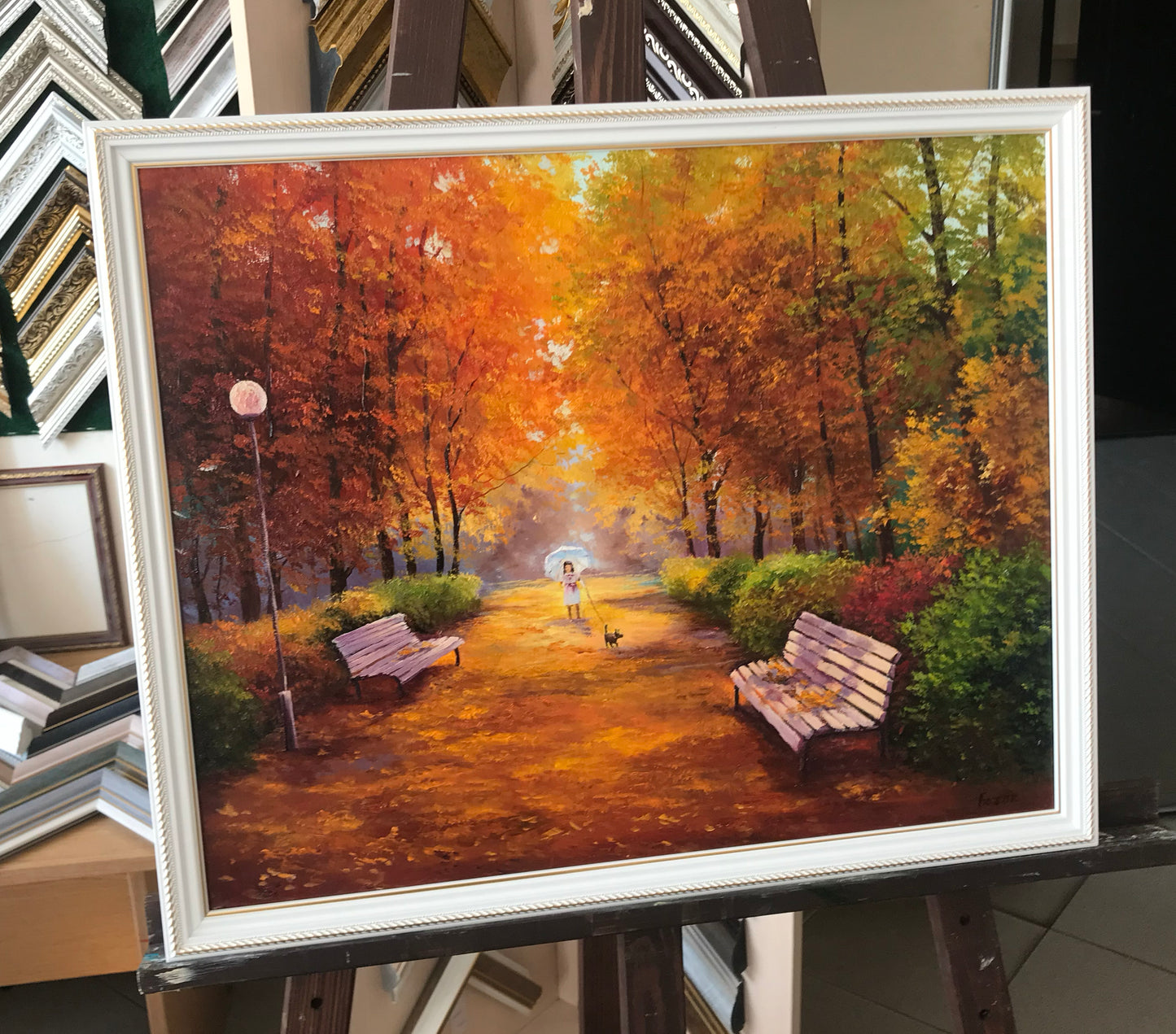 Autumn Landscape Painting Original Walk in Fall Park Oil Painting Fall Foliage Wall Art Framed Girl with Dog Painting Autumn Decor