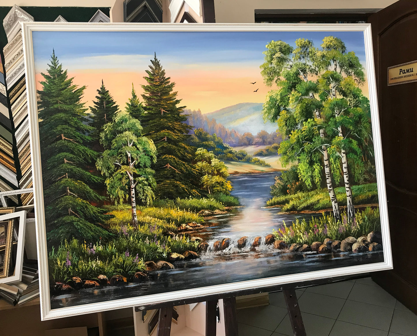 Green Forest Painting Original Trees Wall Art River Oil Painting on Canvas Pine Tree Artwork Nature Art for Bedroom Landscape Painting Oil