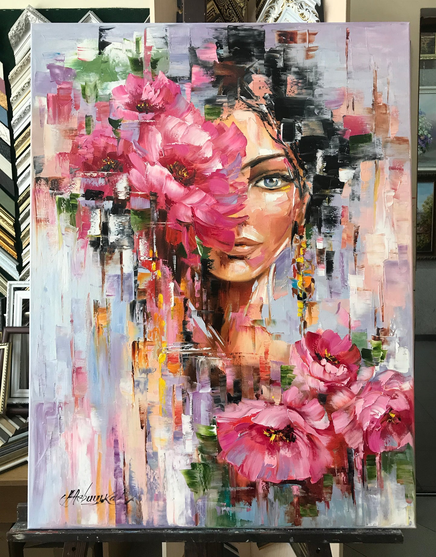 Flower Head Girl Painting Original Woman with Flower Head Wall Art Beautiful Girl with Flowers Painting Abstract Female Face Art