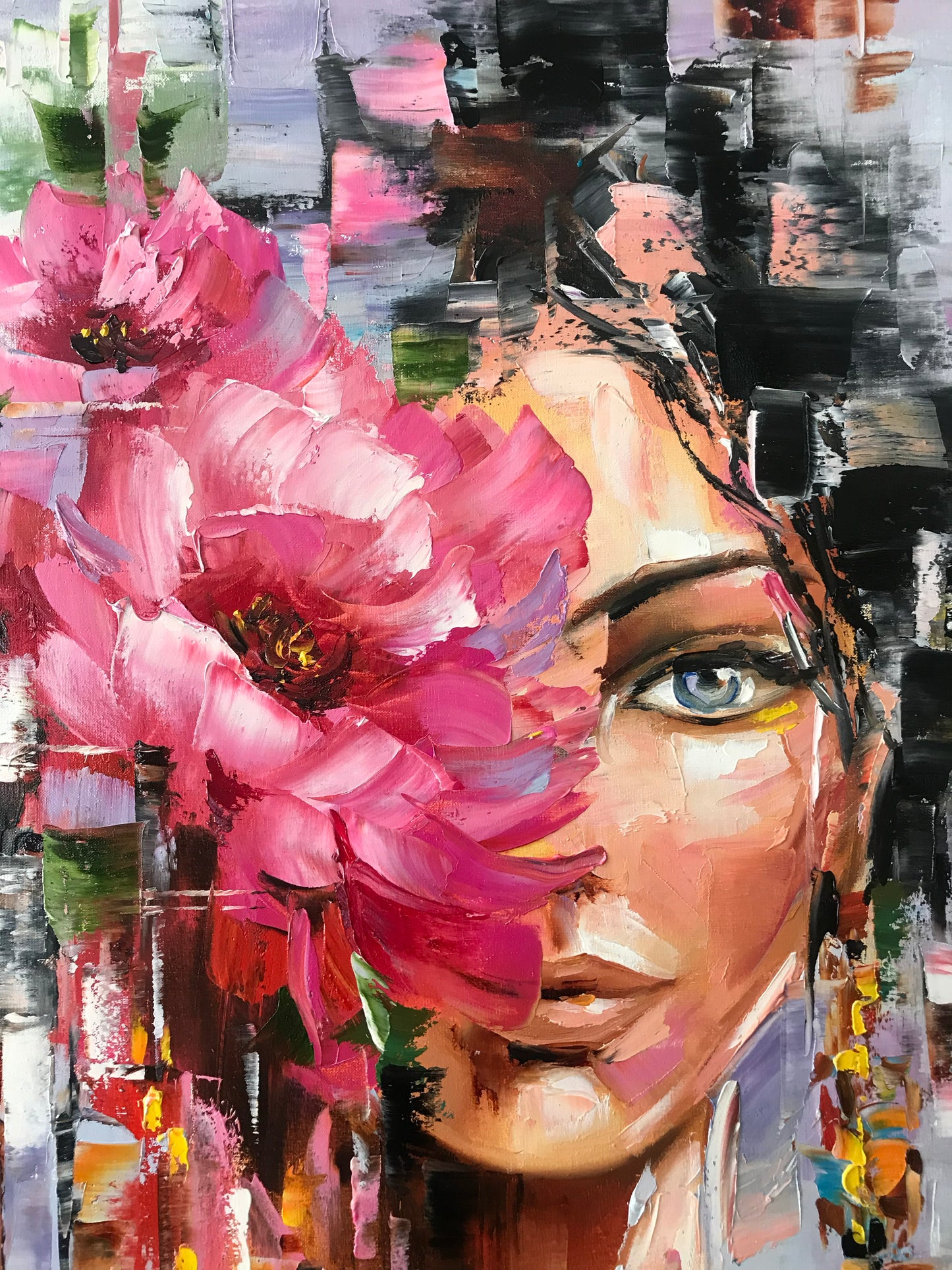 Flower Head Girl Painting Original Woman with Flower Head Wall Art Beautiful Girl with Flowers Painting Abstract Female Face Art