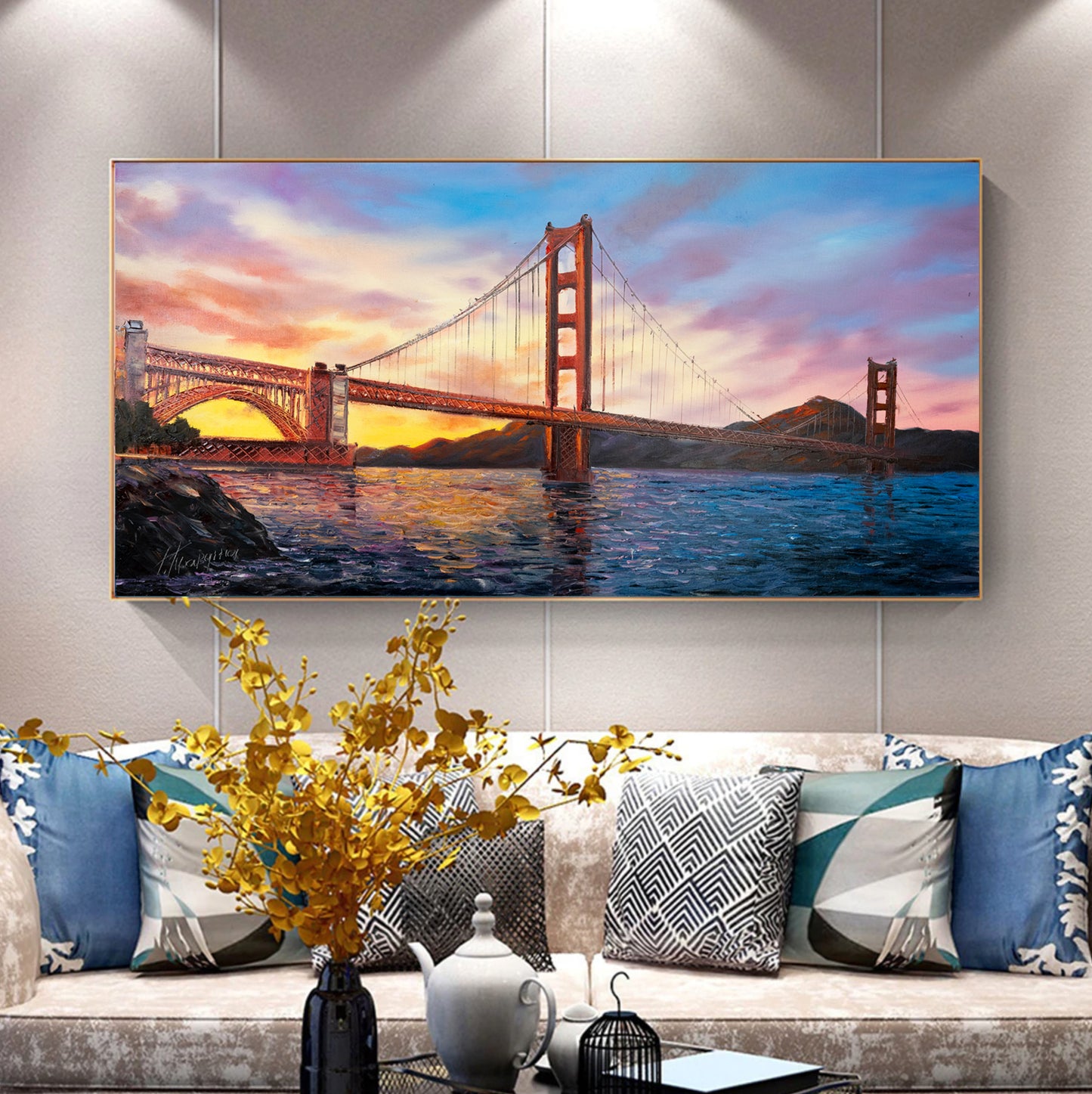 Golden Gate Bridge Oil Painting Original San Francisco Painting on Canvas SF Golden Gate Bridge at Night Wall Art