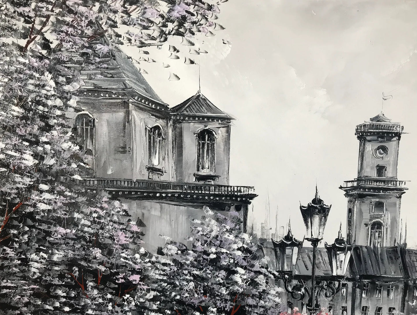 Couple in Paris Painting on Canvas Black and White City Wall Art Paris Artwork Large Oil Painting Cityscape Art