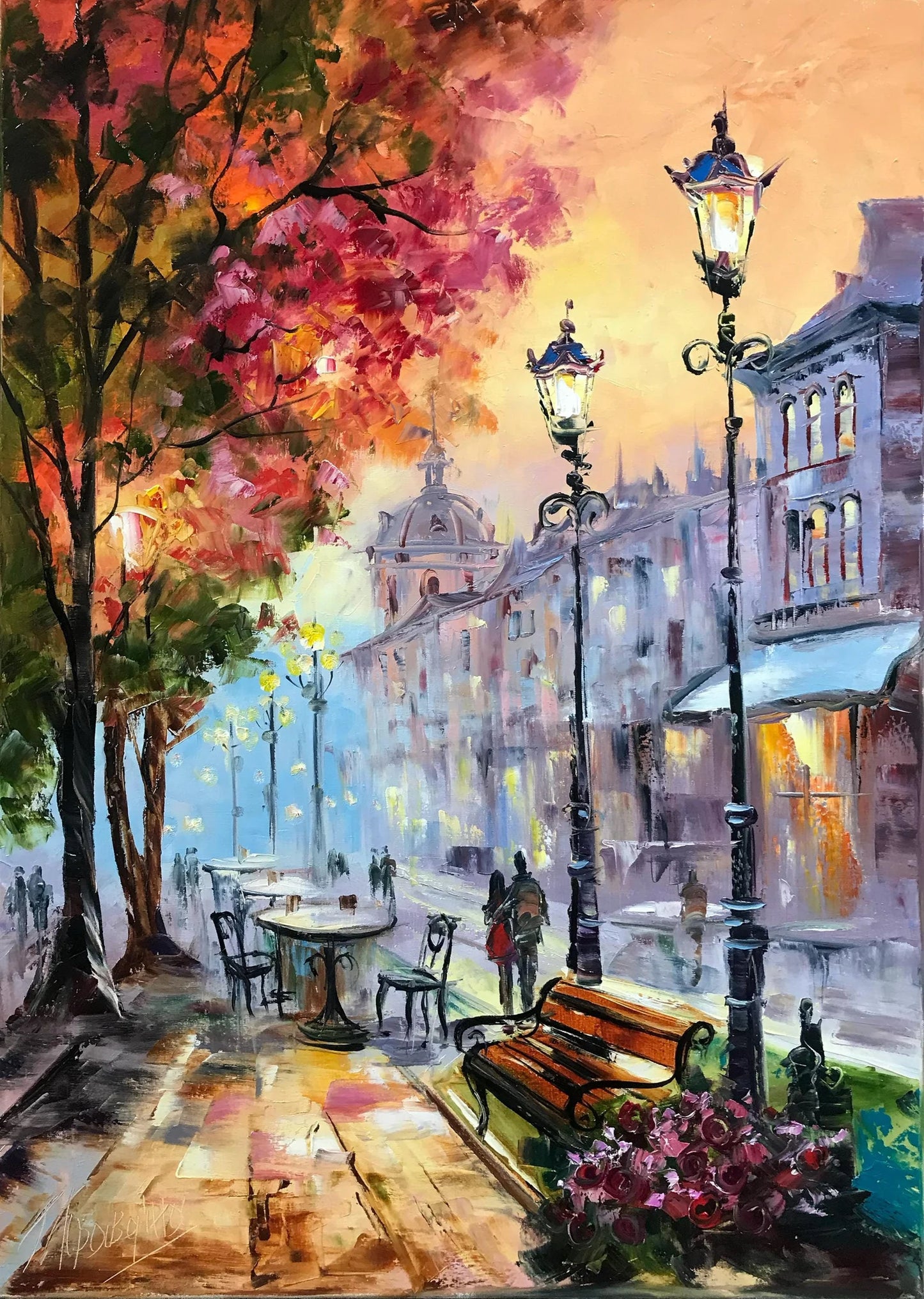 French Street Scene Paintings Parisian Cafe Art Parisian Night Painting on Canvas Paris Cafe Artwork