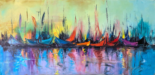 Extra Large Abstract Colorful Sailboats Painting Abstract Ocean Art Oversized Wall Art Long Horizontal Painting 60x30 Over Bed Wall Decor