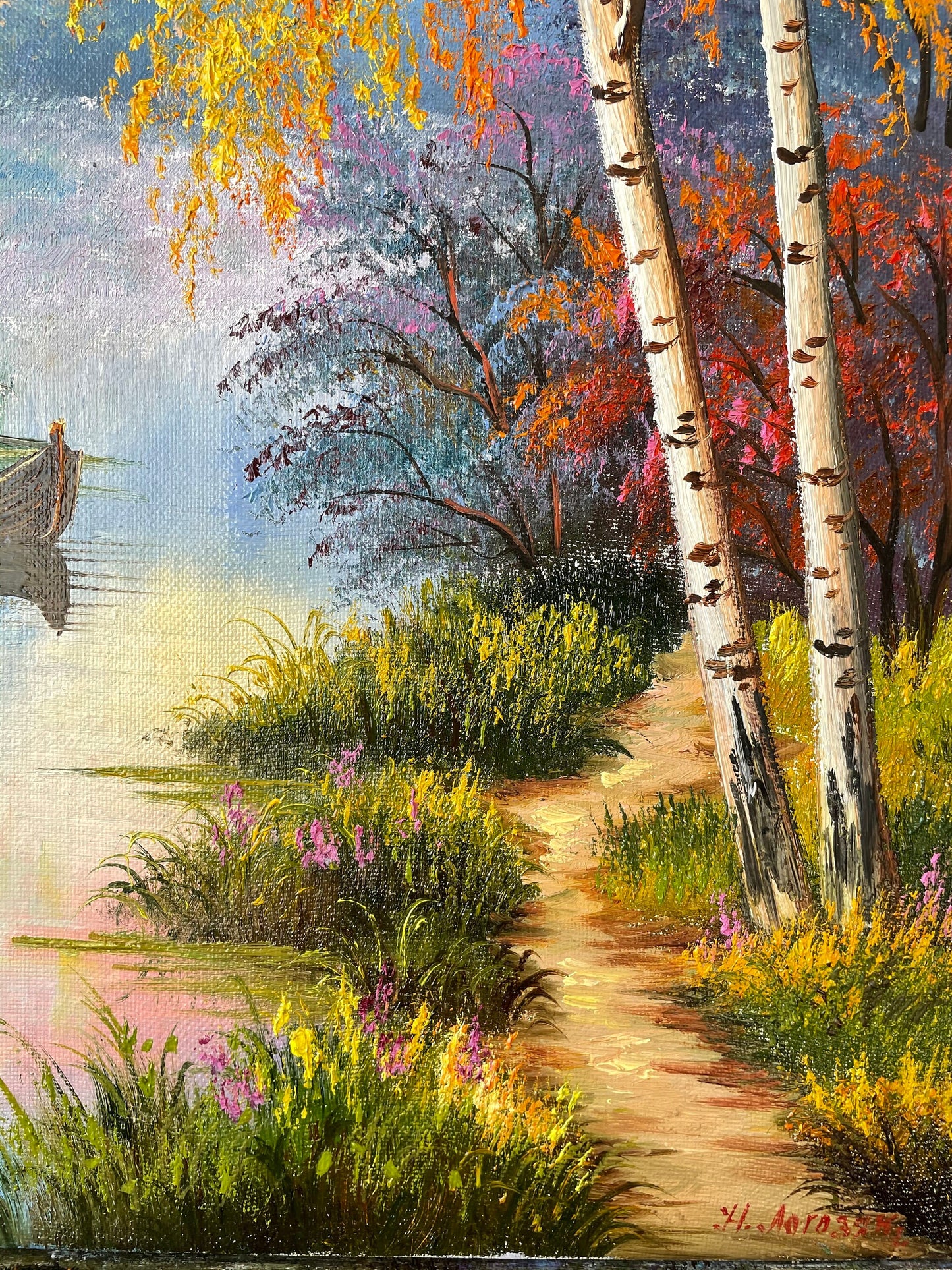 Original Landscape Oil Painting Boat Handmade Artwork Birch Trees Painting Countryside Painting Forest River Art Fall Oil Painting on Canvas