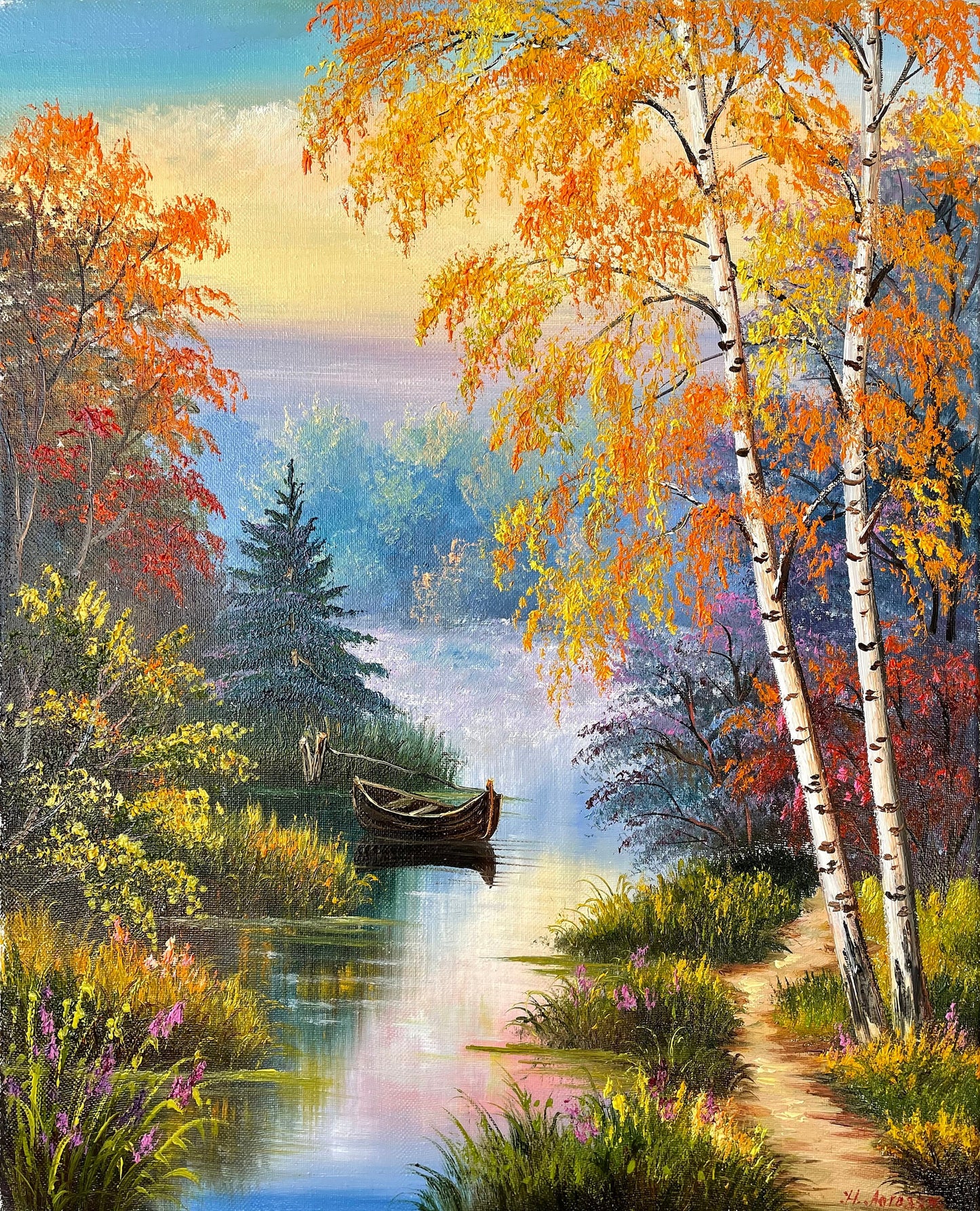 Original Landscape Oil Painting Boat Handmade Artwork Birch Trees Painting Countryside Painting Forest River Art Fall Oil Painting on Canvas