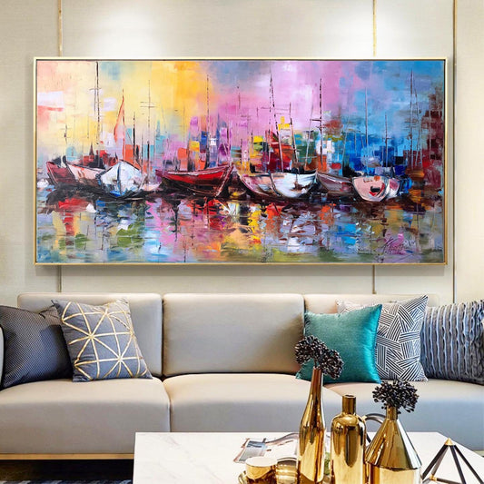 Large Sailboats at Sunset Oil Painting on Canvas, Long Horizontal Wall Art, Colorful Yacht Wall Decor, Sailing Boat Oil Painting 30x60