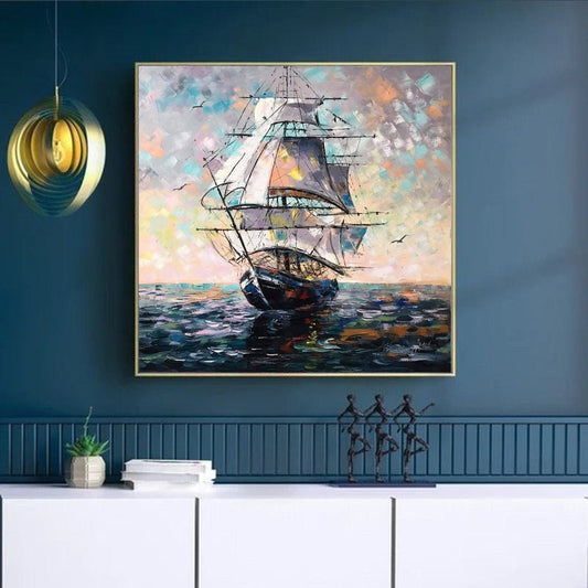 Abstract Ship Oil Painting Original Large Sailing Wall Art Sail Boat Abstract Painting on Canvas Modern Large Blue Seascape 36x36 Painting
