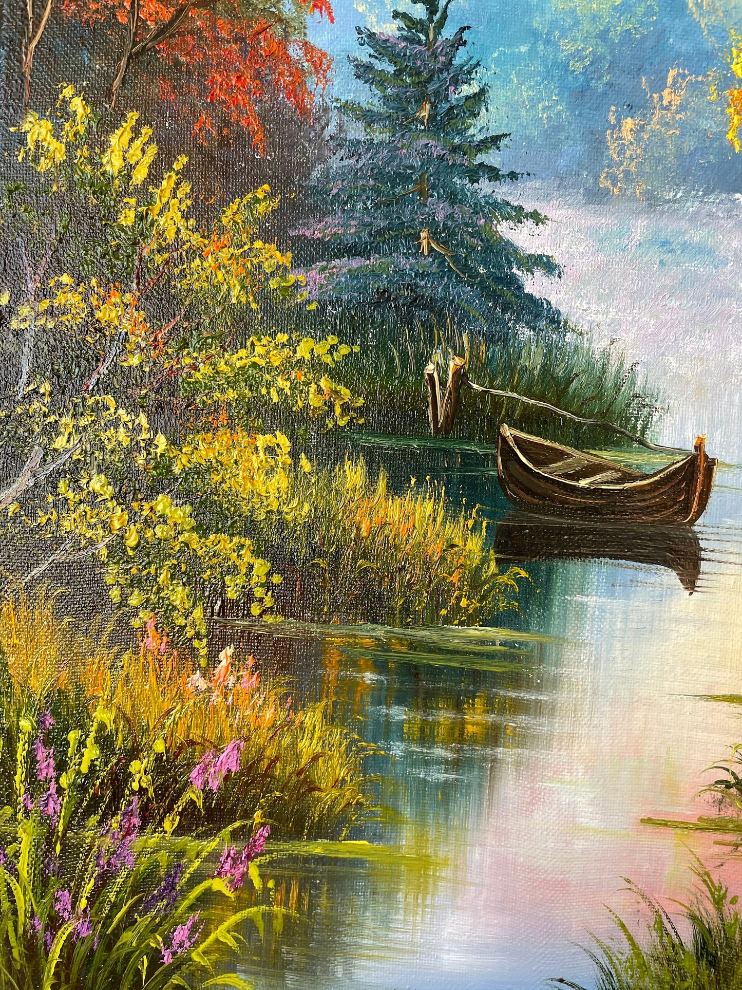 Original Landscape Oil Painting Boat Handmade Artwork Birch Trees Painting Countryside Painting Forest River Art Fall Oil Painting on Canvas