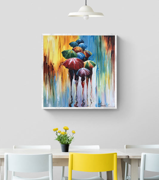 Abstract Umbrella Painting Modern Rainy Day Art Original Umbrellas Art Decor Colorful Abstract Oil Painting Rain Wall Art Figures Painting