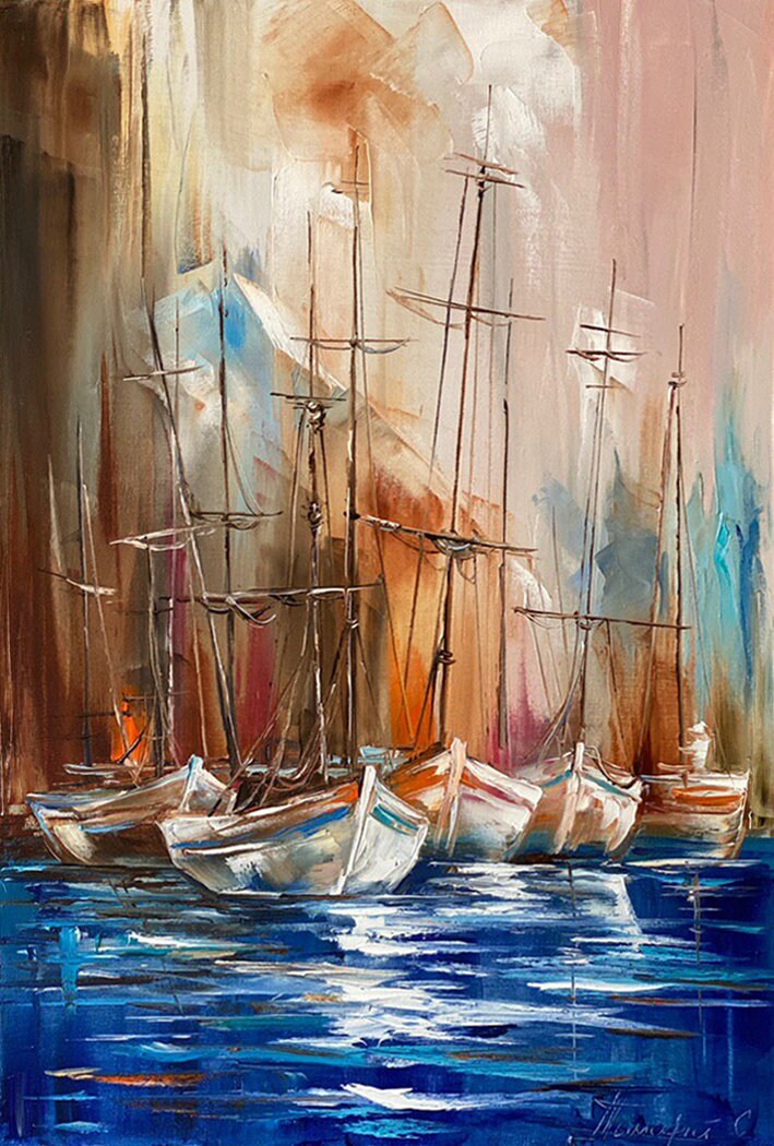 Large Sailboat Oil Painting Original Modern Abstract Brown Painting on Canvas Sailing Art Extra Large Sailboat Wall Art Nautical Wall Decor