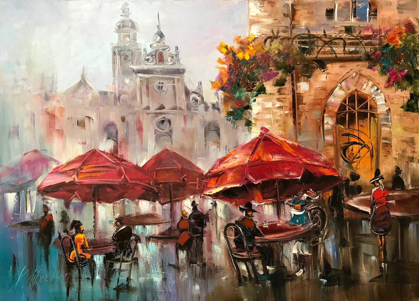 European Cafe Painting Original Restaurant Painting Bistro Art City Buildings Handmade Oil Painting Street Scene Ukrainian Painting 30x40"