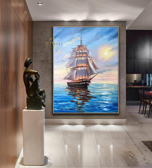 Colorful Ship at Sunset Oil Painting, Ocean Waves Wall Art, Sailing Ship Painting, Large Nautical Art 28x32, Seascape Oil Painting on Canvas