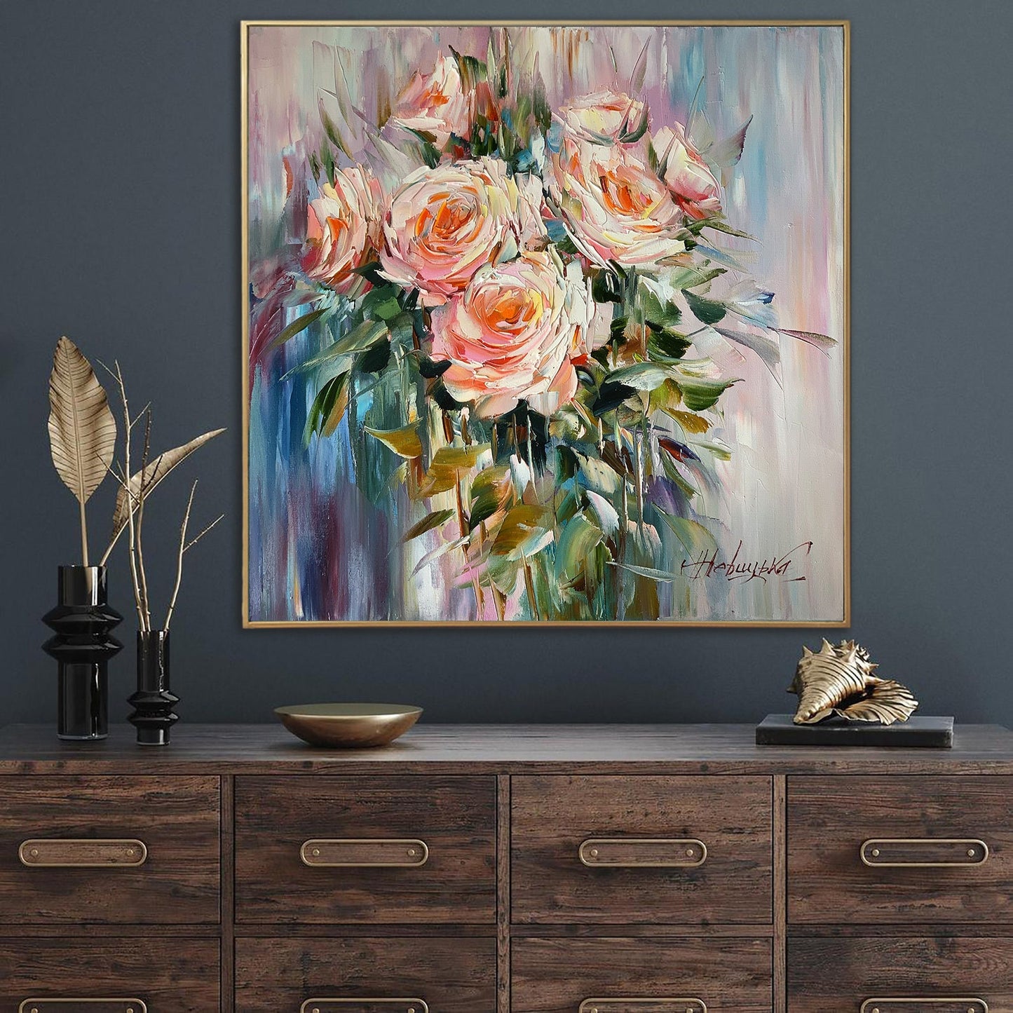 Abstract Rose Painting Original Canvas Flower Painting for Dining Room 36x36 Aesthetic Painting Roses Wall Decor Large Oil Painting 30x30