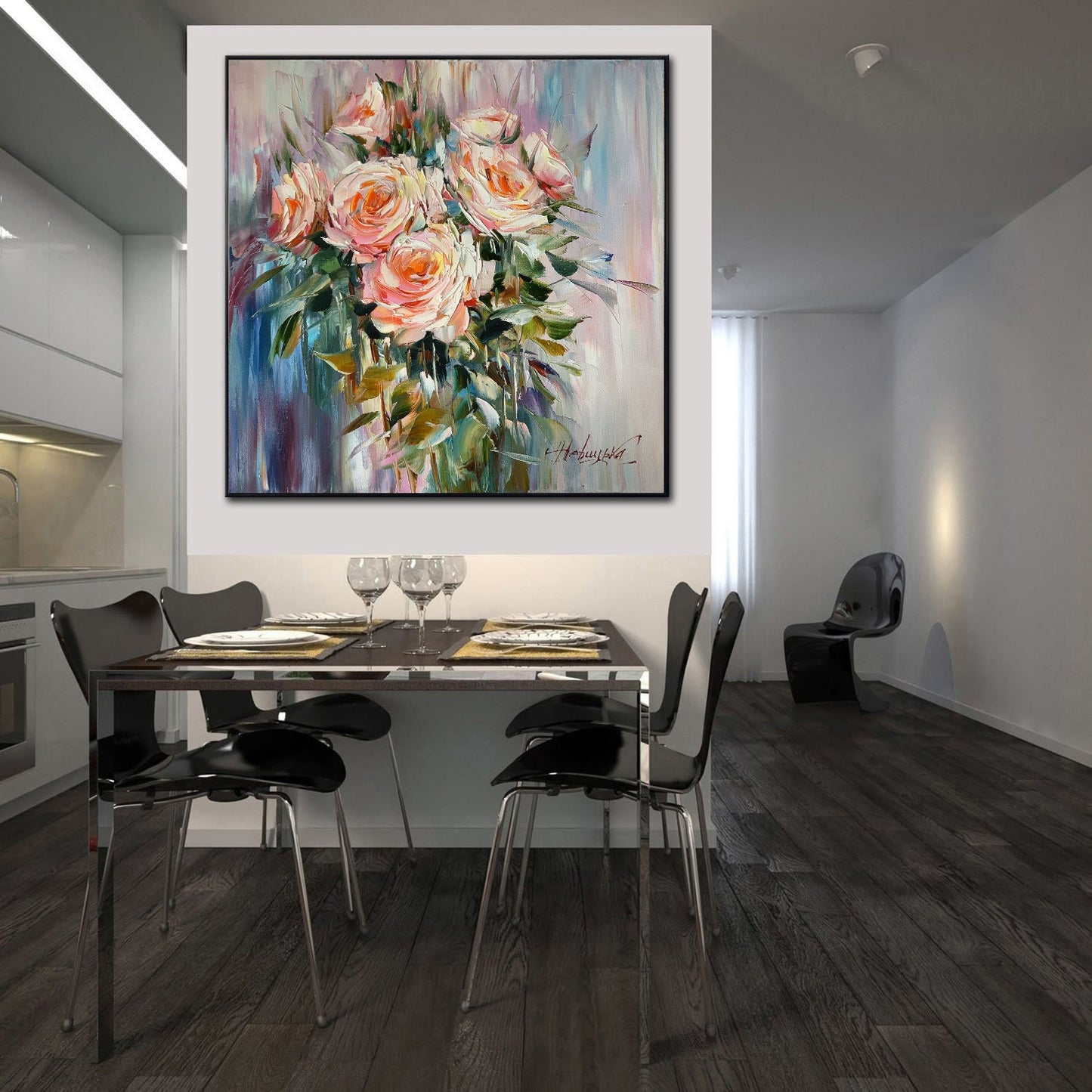 Abstract Rose Painting Original Canvas Flower Painting for Dining Room 36x36 Aesthetic Painting Roses Wall Decor Large Oil Painting 30x30