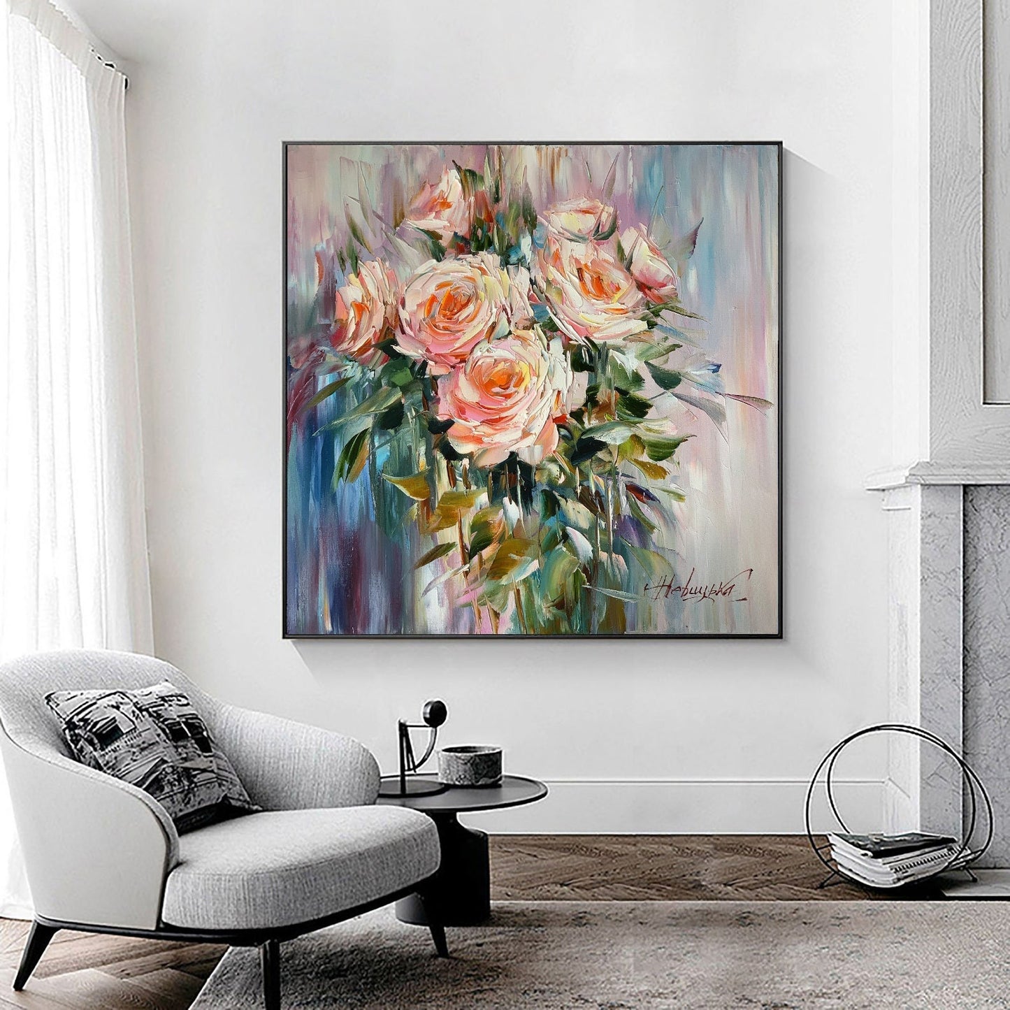 Abstract Rose Painting Original Canvas Flower Painting for Dining Room 36x36 Aesthetic Painting Roses Wall Decor Large Oil Painting 30x30