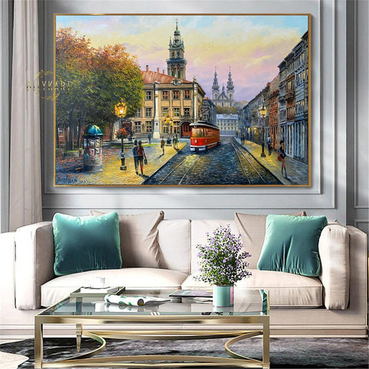 Colorful Cityscape Painting, Original City Oil Painting, European Painting, Sunset Wall Art, Lviv Painting, Colorful Evening Wall Art Decor
