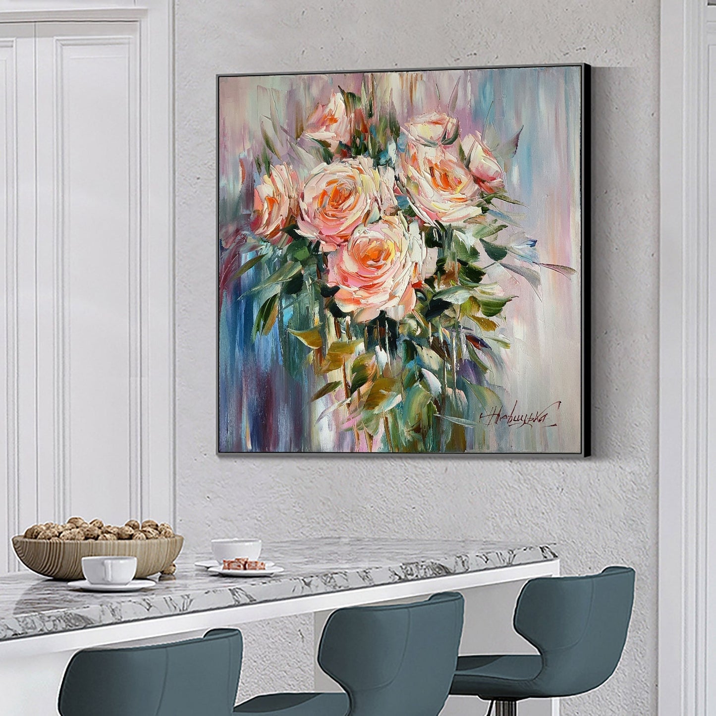 Abstract Rose Painting Original Canvas Flower Painting for Dining Room 36x36 Aesthetic Painting Roses Wall Decor Large Oil Painting 30x30